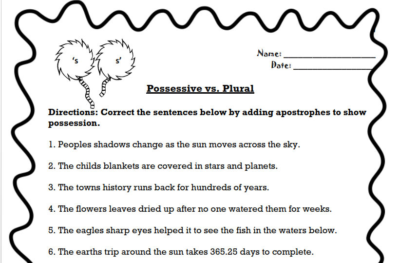Singular Possessive Vs Plural Possessive Worksheet